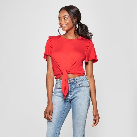 NWT✨Lily Star Red Short Sleeve Ruffle Shoulder Top - Picture 4 of 4